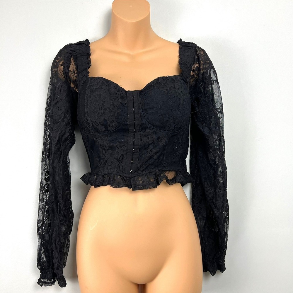 Almost Famous Black Lace Corset Crop Top M Long Sleeve Ruffle Whimsigoth Sexy